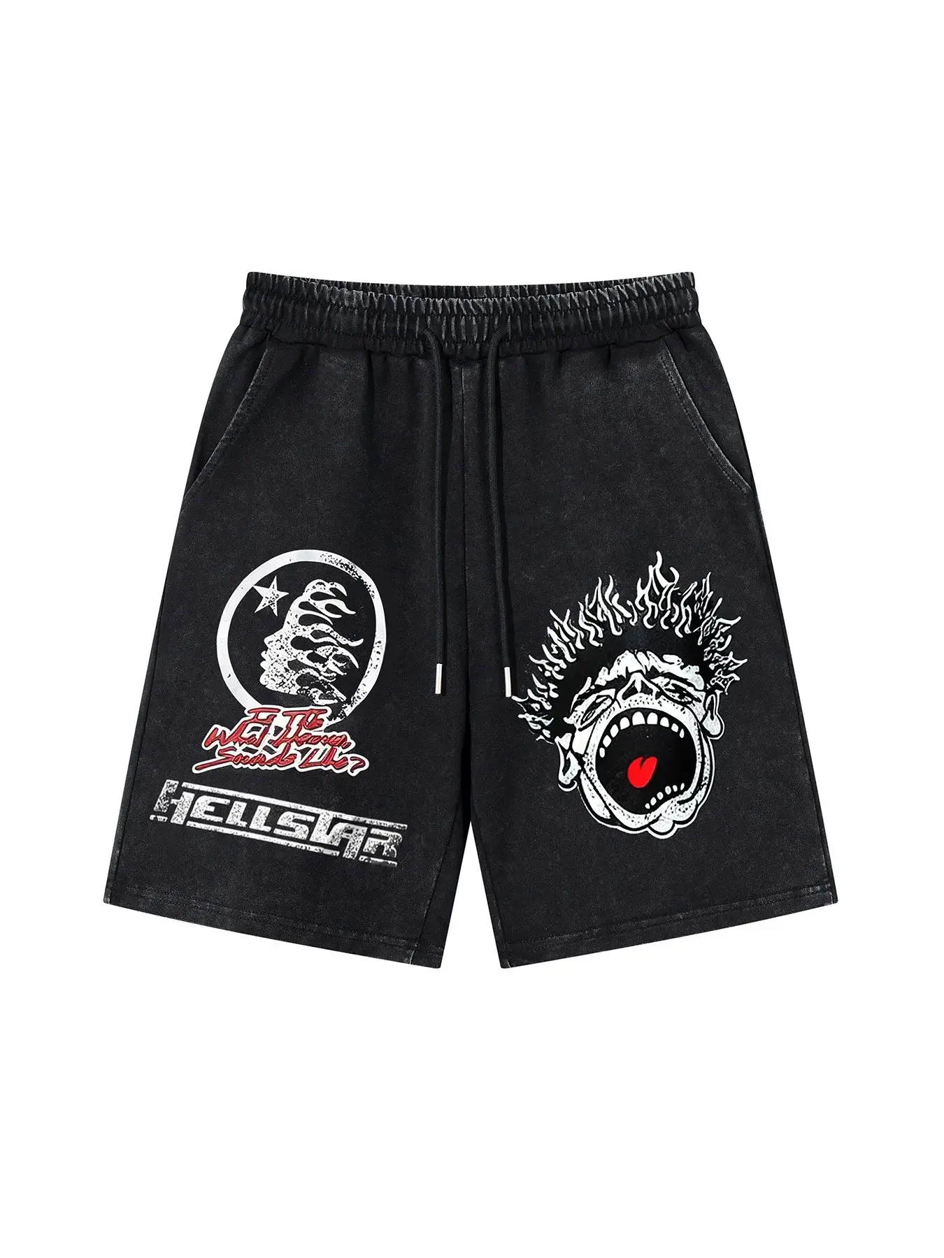 Men's Summer Shorts, Vintage Streetwear, Tie-Dye Cartoon Faces, Explosive Hair, Flame Stars Print, Personality Print Shorts, Fashionable Casual Sports Pants