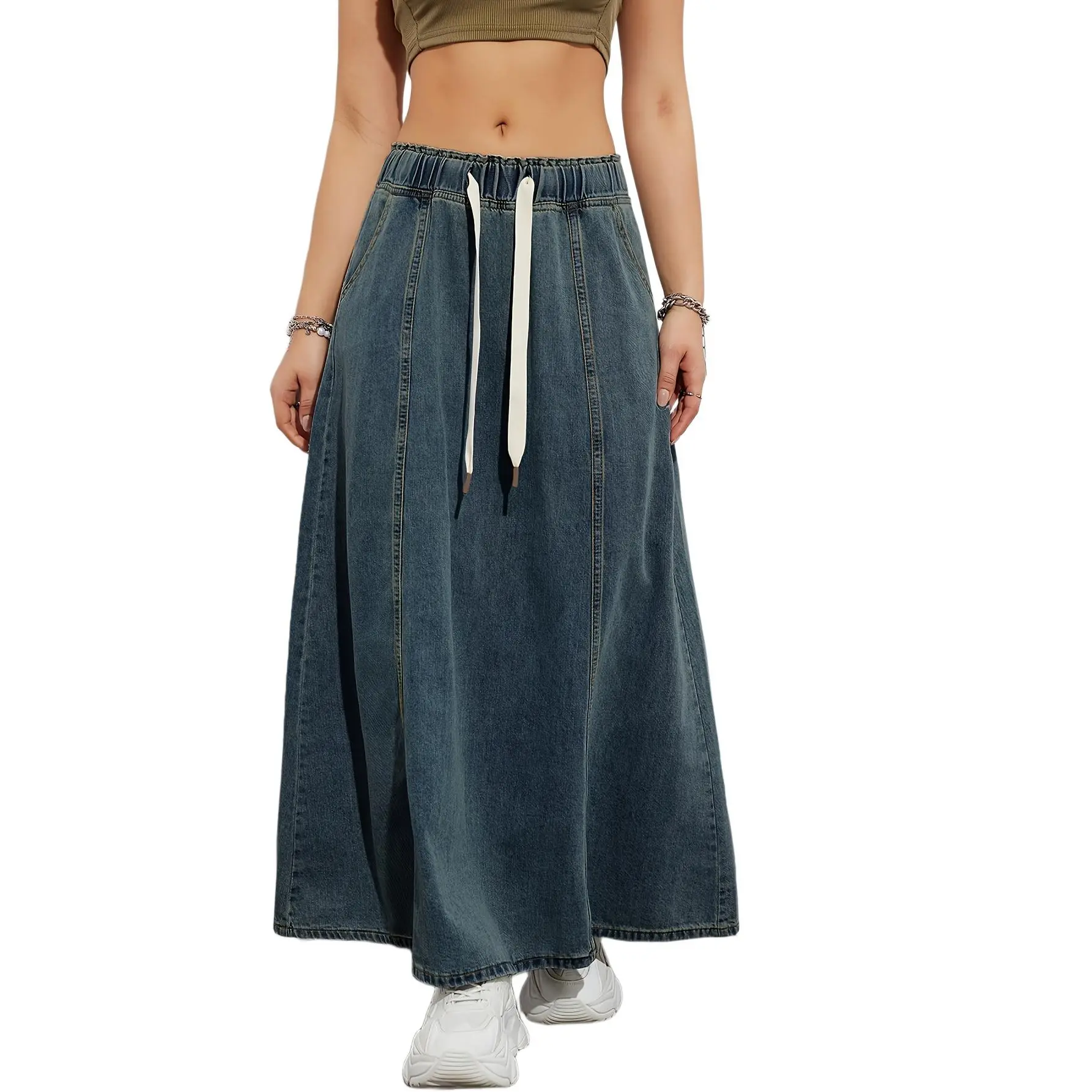 YYW1 Women's Solid Denim Maxi Skirt, Casual Loose-Fitting Flared Style in Washed Blue with a Drawstring Elastic Waistband, Plain, Flared Tousers, Woven, Bottoms, Long Skirt, Plain Solid