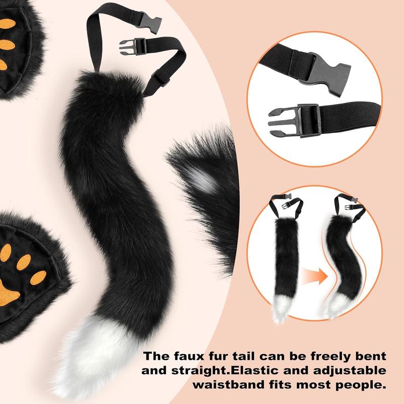 GJ-L-GCS067  Faux Fur Cat Fox Mask Tail and Paw Set, Wolf Furry Suit Plush Therian Accessories Kit