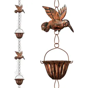 2026 New New Upgraded 1 pc Metal Vintage Rain Chain Garden Gutter Decoration 268CM (Large Bird Cup) Brown Iron Art for Home Patio Garden Decor