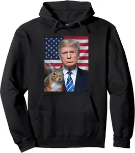 Trump With A Squirrel, Save The Squirrels Political USA Flag Pullover Hoodie
