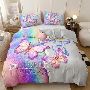 3-Piece Butterfly Pattern Print Bedding Set (1 Fitted Sheet + 2 Pillowcases), Polyester Fiber Material, Universal Fit, No Comforter Included