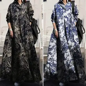 plus Size Women's Autumn Printed Cotton and Linen Dress Retro Ethnic Style Clothes Loose Long Sleeve Large Swing Skirt