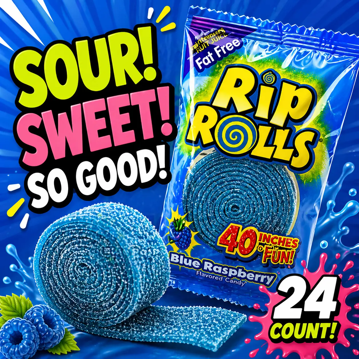 Rip Rolls Blue Raspberry Candy Rolls 1.4 oz 24 Count  Blue Raspberry Sour Chewy Candy Tape | Fun Peelable Fruit Candy