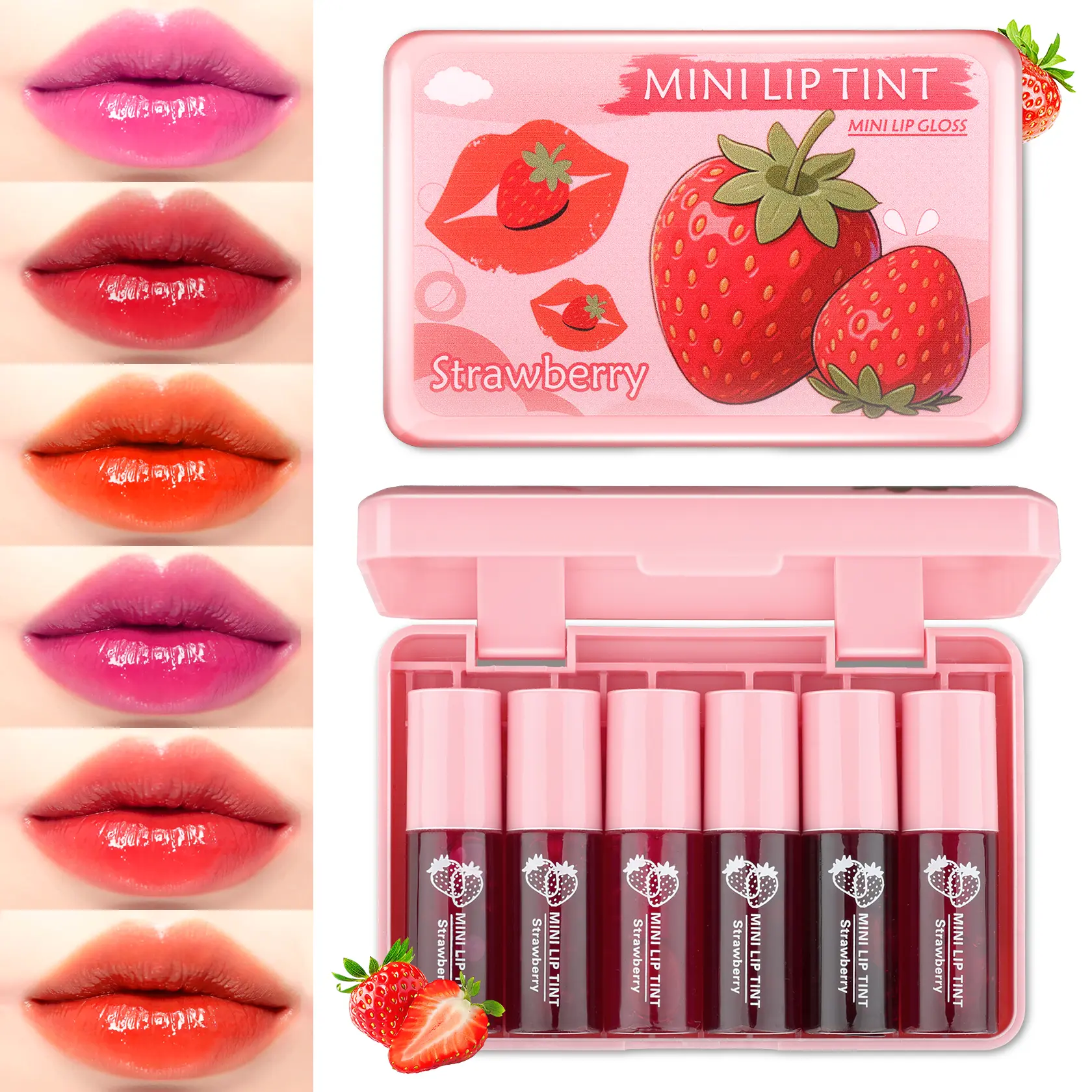 6 Pcs Mini Strawberry Lip Tint Set | Hydrating Water Gloss Lip Stain Kit | Long-lasting Non-Stick Glossy Mini Lip Gloss Gift Box for Girls
