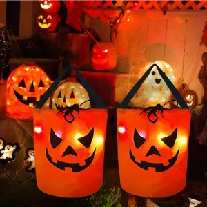 1-20PCLED Light Up Halloween Pumpkin Candy Tote Bag Basket for Kids Trick or Treat Party Bucket for Holiday Event Decoration Use