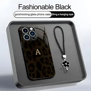 Luxury Leopard Print Phone Case with Lanyard Gold Initial Letter A-Z Cover for iPhone 15 Pro Max --975
