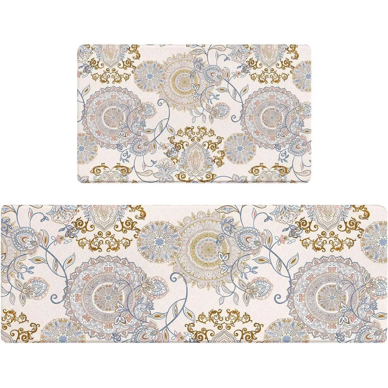 AMM Anti Fatigue Kitchen Mats for Floor Set of 2 Beige Boho Floral Non Slip Cushioned Kitchen Rugs Waterproof Memory Foam Kitchen Floor Mat Comfort Standing Mat for Office Desk Laundry Bar