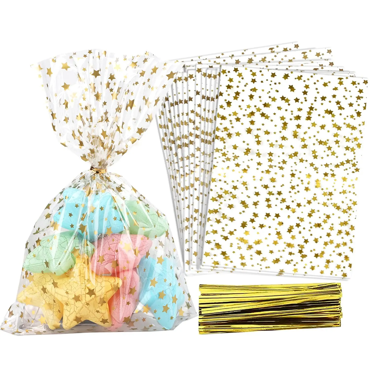 50/100 Star Print Cello Bags, 5x10.6 Inch Transparent Snack Gift Wrapping Candy Cookie Storage Pouches, Ideal for Bakery Birthdays Weddings Parties, Gift Decoration