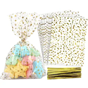 50/100 Star Print Cello Bags, 5x10.6 Inch Transparent Snack Gift Wrapping Candy Cookie Storage Pouches, Ideal for Bakery Birthdays Weddings Parties