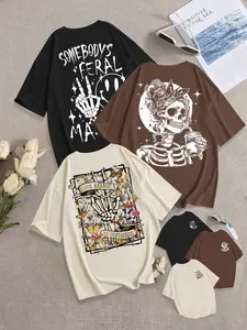 Breathable Casual Streetwear T-Shirt, Loose Fit Round Neck Design, Skull Women Print, Daily Wear, Everyday, Fashion Comfort Versatile Top, 3 Pack