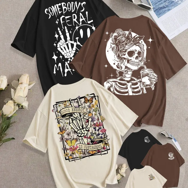 Women's Skull Print Oversized Summer T-Shirts, Breathable Lightweight Loose-Fit Casual Crewneck Streetwear Tops for Everyday Wear, 3-Pack
