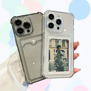Transparent Simple Card Slot Design Phone Case for iPhone 11 12 13 14 Plus 15 16 Pro Max 17 Air & Samsung S21-S26, Four-Corner Shockproof Protection TPU Soft Case, Crystal, Accessories