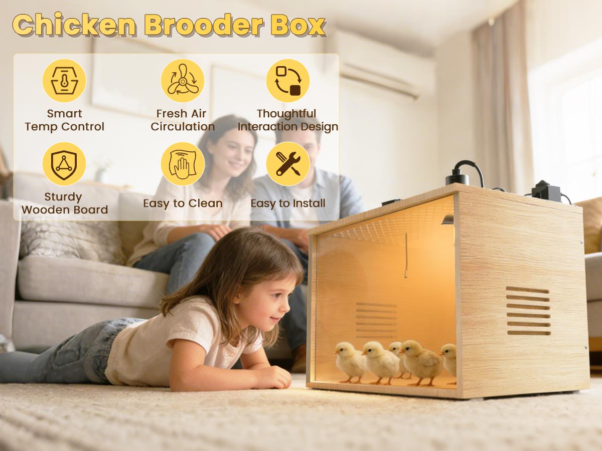Brooder Box for Chicks, 16 Inch Wooden Chicken Brooder Box with 75W Heat Lamps, Thermometer and Tin Foil, Poultry Breeding Kit, Ideal for 5-7 Newborn Chicks Ducks Quails Hamsters, Small