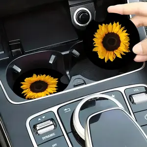 Sunflower Pattern Car Coaster, Round Anti-slip Car Cup Holder Mat, Fashion Car Cup Holder Decoration, Universal Car Interior Decoration Accessories, Car Interior Accessories Girls