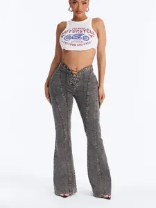 Run this Town Lace Up Washed Flared Pant - Black