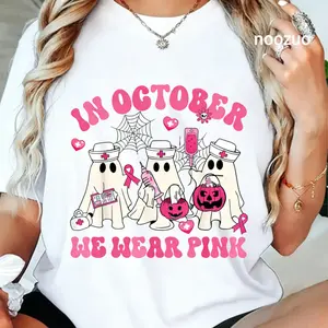 100% Cotton Unisex October We Wear Pink Nurse Ghost Halloween Breast Cancer T-Shirt Casual Top