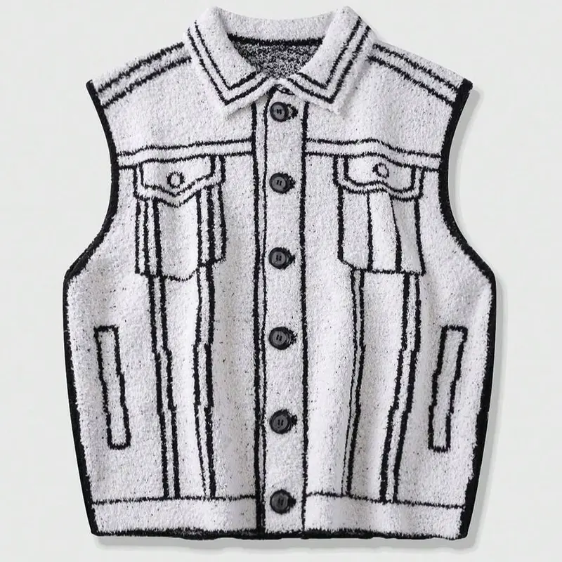 HYPESTFIT Men's 2D Cartoon Graphic Woven Collared Neck Light Fleece Sleeveless Waistcoat - Street Style Versatile Menswear Top, Aesthetic Casual Outing Gift for Boyfriend