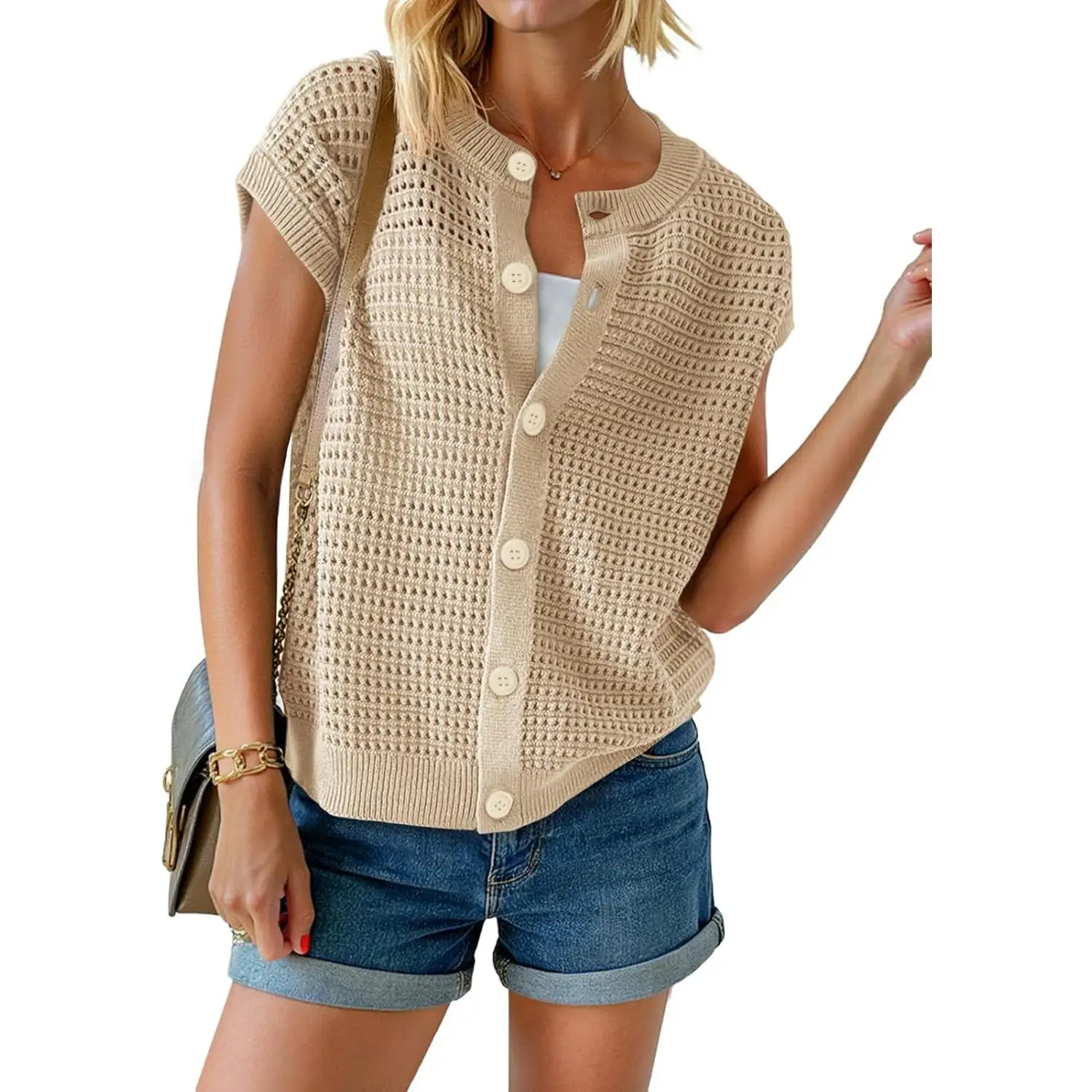 Saodimallsu Women's Casual Collared Cardigan Vest, Fitted Button-Down Crochet Knit Top with Short Cap Sleeves, Basic, Business Casual Women's Cardigans, Button-Front Cropped Women's Cardigans