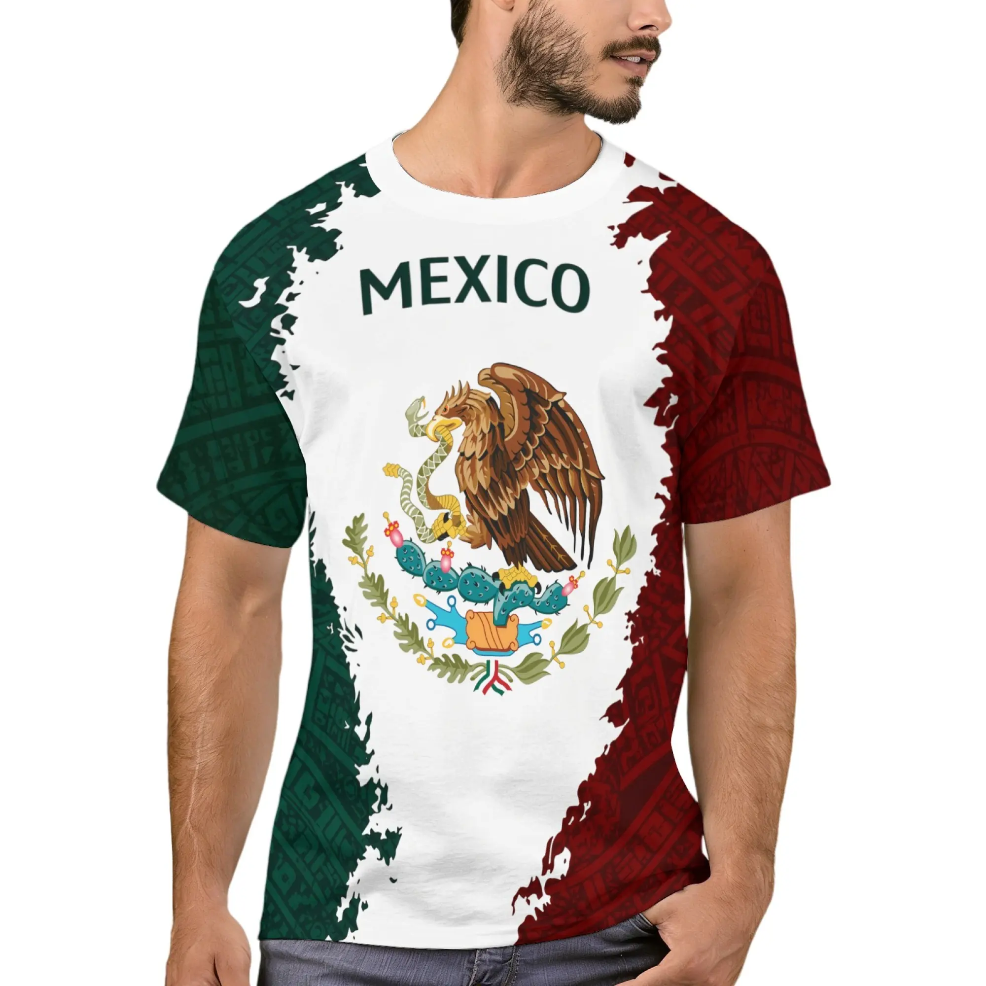 Men's Mexican Style Eagle Print Short-Sleeve T-Shirt, Red-White-Green Color Block  Flag Vintage Casual, Summer Breathable Crewneck Shirt