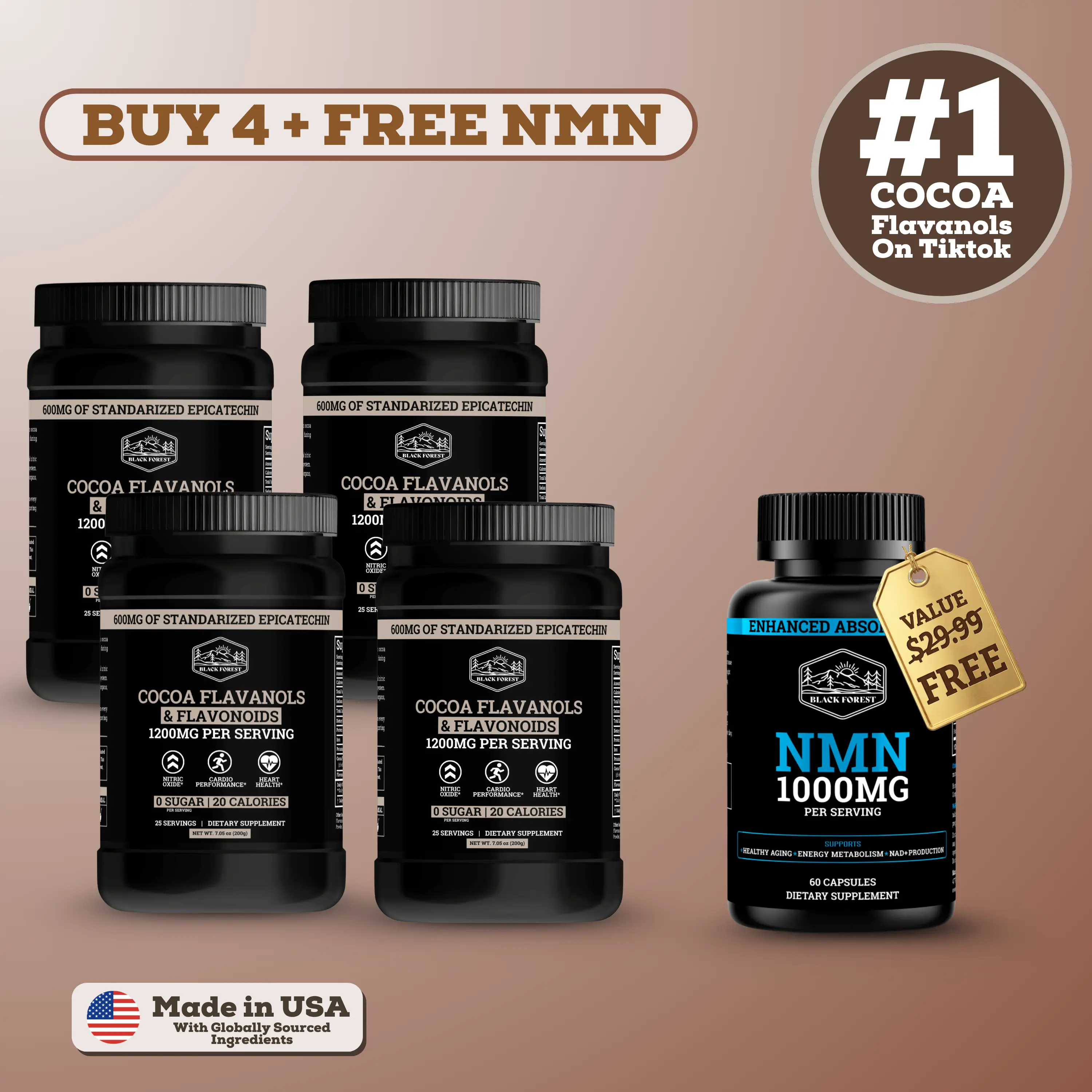 Black Forest Supplements Cocoa Flavanols & Flavonoids Beverage Powder, 4 Bottles - 1200mg/Serving, 600mg Epicatechin, Vegan, Caffeine-Free Antioxidant Nutritional Supplements for Circulation & Energy Support