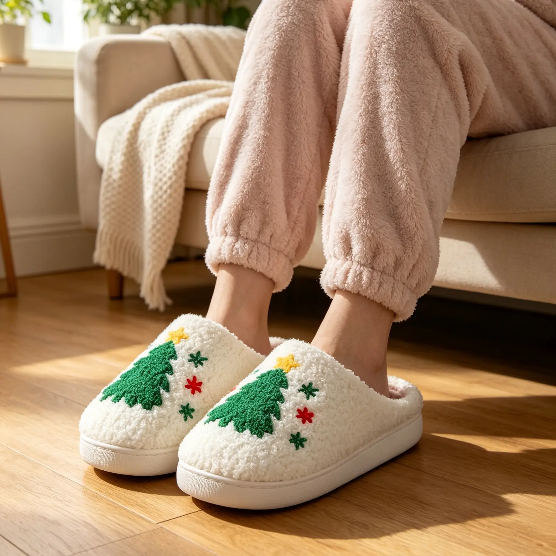 Cute Slippers Santa Reindeer Christmas Tree Slippers, Warm Soft Plush Cozy House Slippers for Women and Men Walking Shoe