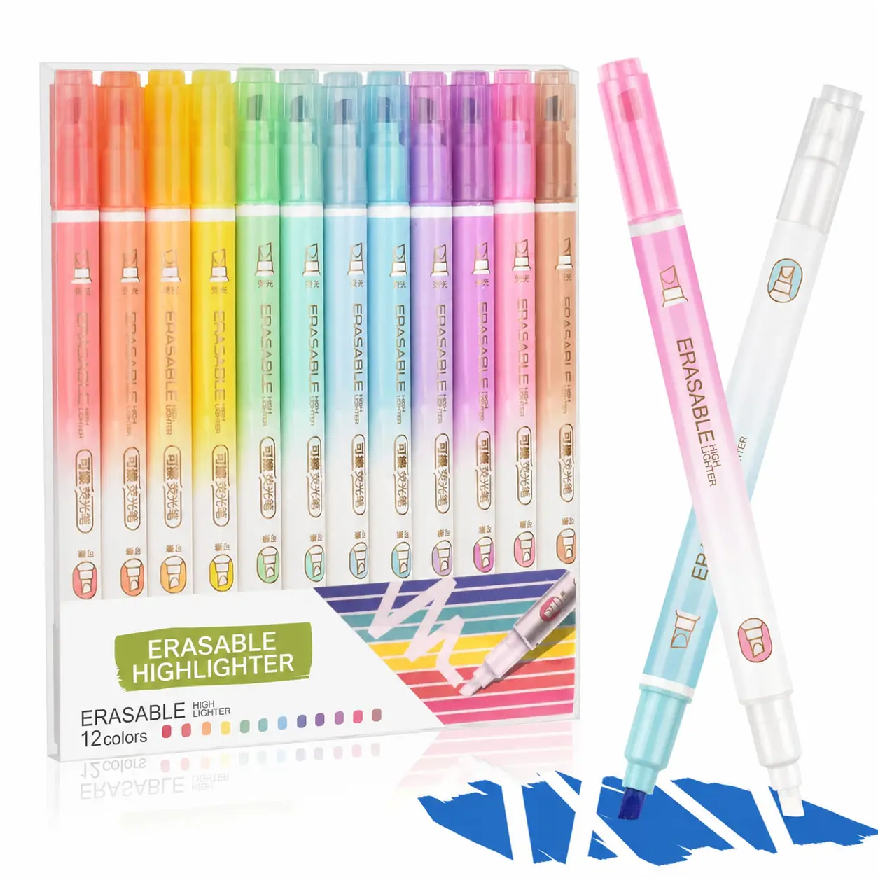 12-Pack Erasable Dual-Tip Highlighters, Double-Tipped Chisel Tip No-Bleed Markers with Aesthetic Hues, Smooth-Write Office Stationery for Bible Journaling, Study Notes