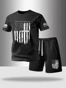 Men's Summer Flag Design Letter Print Round Neck Classic T-Shirt with Drawstring Pocket Shorts, Casual Outdoor Athletic Activewear Menswear 2-Piece Set for Relaxed Fit