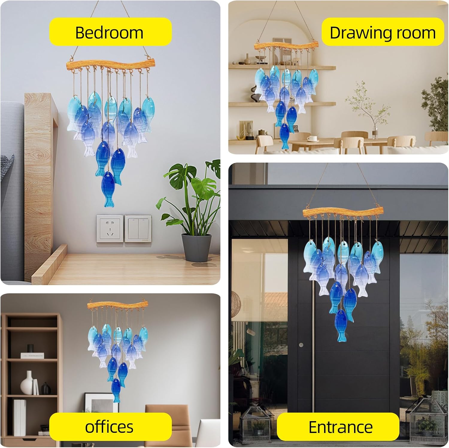 23-inch Blue Glass Ocean Wind Chime — Handmade Fish-Shaped Outdoor Wind Chime for Beach Parties and Wedding Decorations