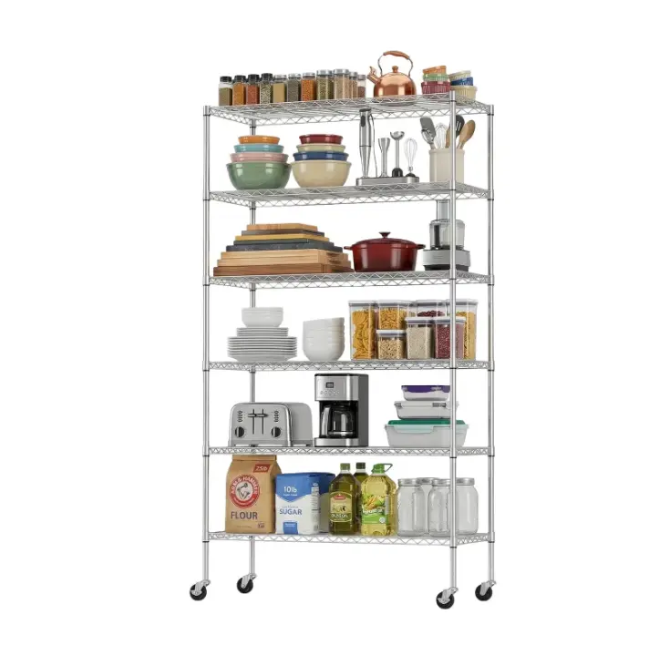 BestOffice 6-Tier Chrome Wire Shelving Unit with Wheels, 2100LBS Capacity, 18x45x82 Inches Home Storage Utility Rack Organizer