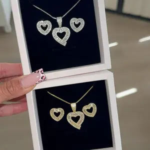 Heart Necklace Set and Earrings Brass Gold Plated with Sparkling CZ Stones for Women