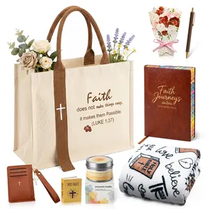 Women's Faith & Work Gift Set — Includes: Canvas Tote Bag, Water Bottle/Throw Blanket, Notebook, Card Holder, Aromatherapy Item, and Mini Bible.,Can Be Used As Birthday, Christmas, Mother's Day, Valentine's Day Gifts for Family, Friends Toppers with Pen