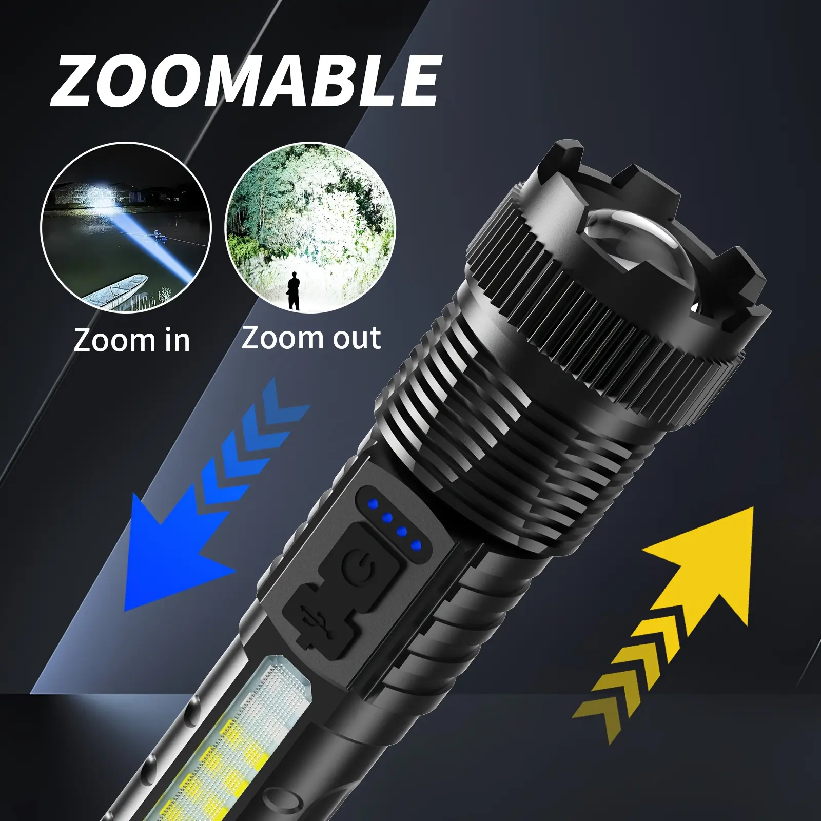USB-C Rechargeable Zoomable COB Side Light Torch, 6 Modes, Battery Power Display, 8-Hour Runtime, Telescopic Focus for Camping, Emergency Use