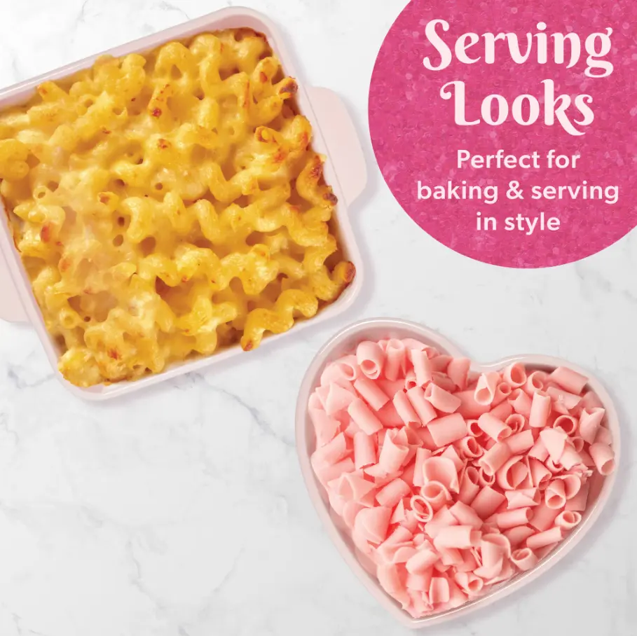 2-Piece Ceramic Nonstick Baking & Casserole Dish Set, Square & Heart Shapes, Pink