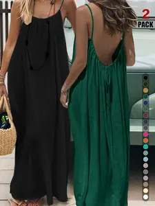 Women's Open Back Spaghetti Strap Beach Maxi Dress Loose Flowy Vacation Sundress