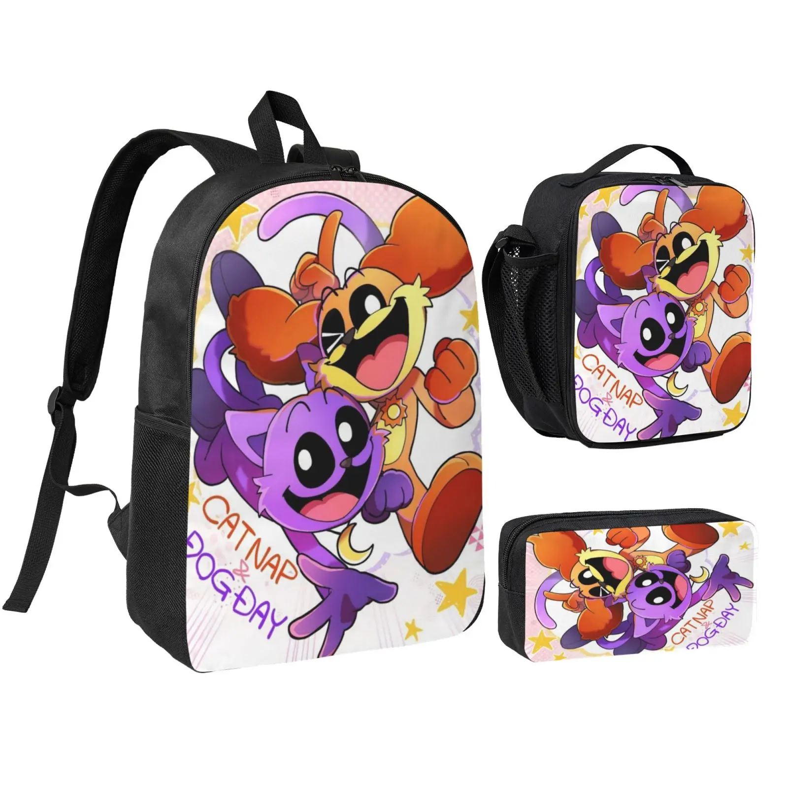 3PCS Catnap Dogday Breathable Mesh Backpack Set for Girls and Boys Spacious School Bag with Insulated Lunch Box and Pencil Case Cartoon Casual Bookbag for Kids Great for After-School Activities Family Trips and Daily Campus