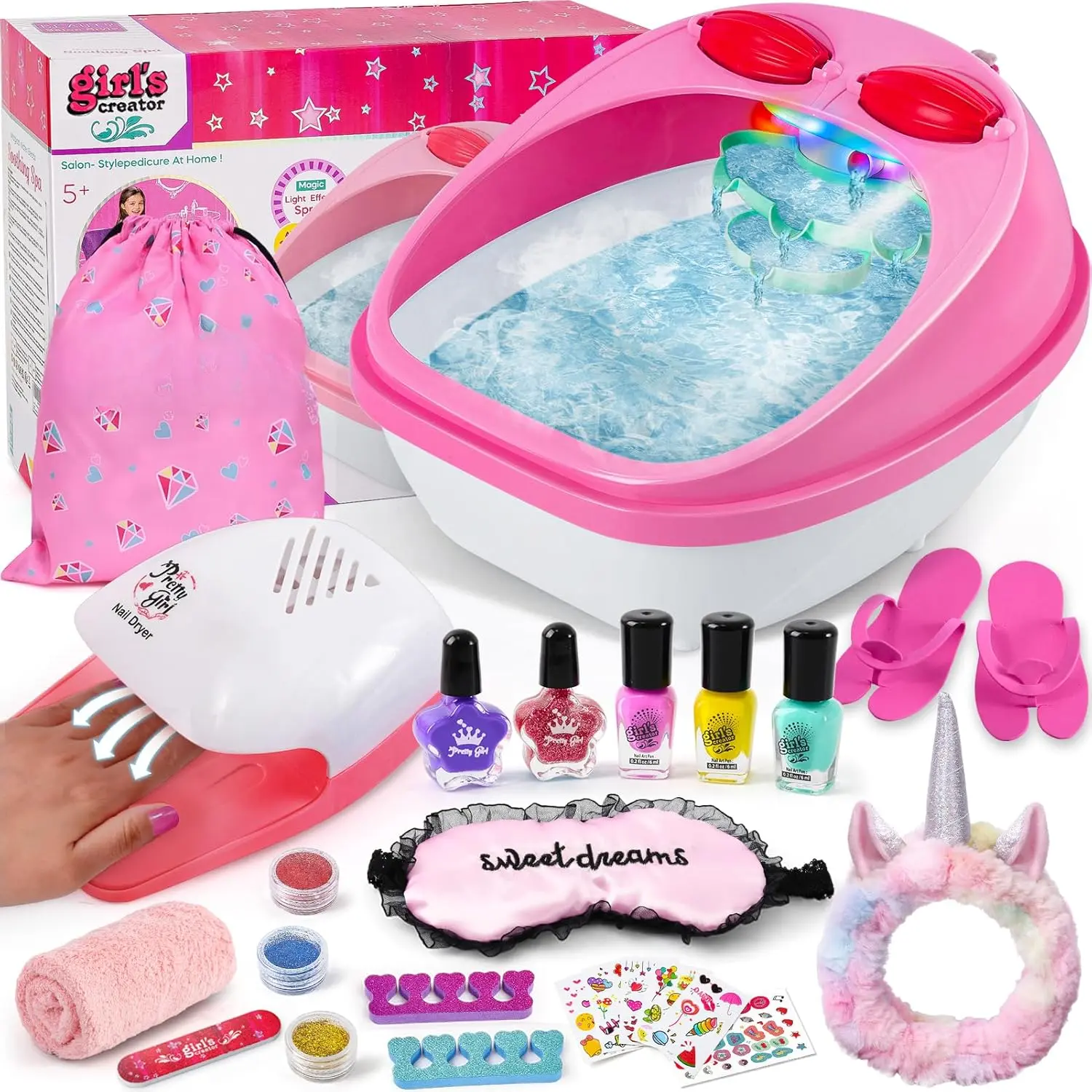 Foot  &  Kit Set,   Day Kit for Girls, Massage Foot Soak Tu and  Dryer, Manicure Pedicure Art Salon Girl  for 5-12, Christmas irthday Gifts
