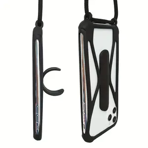 Universal Fit Silicone Phone Case with Stand and Lanyard Strap - Anti-Drop, Portable, Adjustable Wrist Strap, Compatible with 4.7-6.7 Inch Smartphones, Durable, Shock-Absorbing, Easy to Install, and Perfect for Outdoor Activities Screen Protector Black