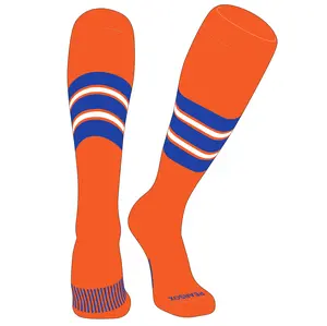 Pear Sox Striped Knee High Baseball, Football Socks (E) Orange, Royal, White