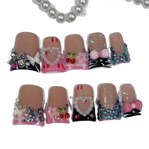 Nailrosy 10Pcs Handmade Short Duck Multicolor Acrylic Fake Nails - 3D Flowers, DIY Rhinestone Designs, Reusable Stylish Press-On Nails, Supplies with Gift Box for Women’s Festivals, Parties