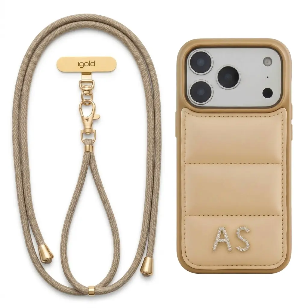 iGOLD Personalized Shockproof PU Leather Puffer Mobile Phone Case for iPhone Series - 2-in-1 Deal Aesthetic Accessory with Crossbody Lanyard, Metal Tab Iron, Custom Initial Zirconia, Anchor Design