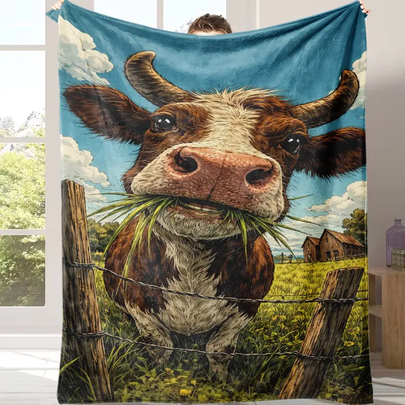 Funny Cow Farm Rural Barn Landscape Print Flannel Throw Blanket, Western Country Cowboy Aesthetic Soft Plush Fleece Blanket, Decor Gift for Cow Lovers Farmers Animal Fans for Birthday Holiday Sofa Bedroom Kids, Throw Blankets