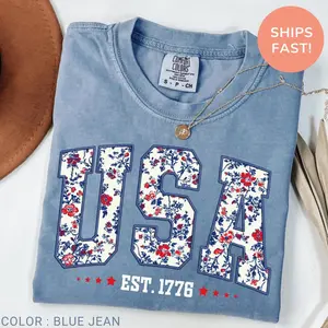 Comfort Colors Floral USA Shirt, American Girl Shirt, USA Est 1776 Shirt, Girly 4th of July Shirt, Patriotic Women Shirt, Flower USA Shirt