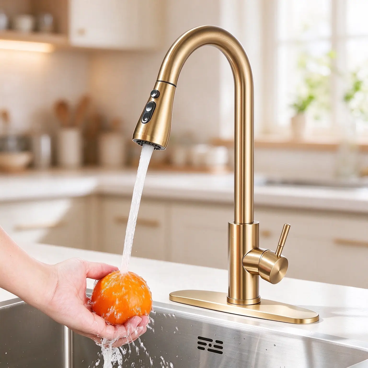 Kitchen Faucets With Pull Down Sprayer, Brushed Gold Classic High Arc, Single Handle Kitchen Sink Faucet, Deck Plate for 1 or 3 Hole, Suitable for Farmhouse Camper Laundry Rv Bar