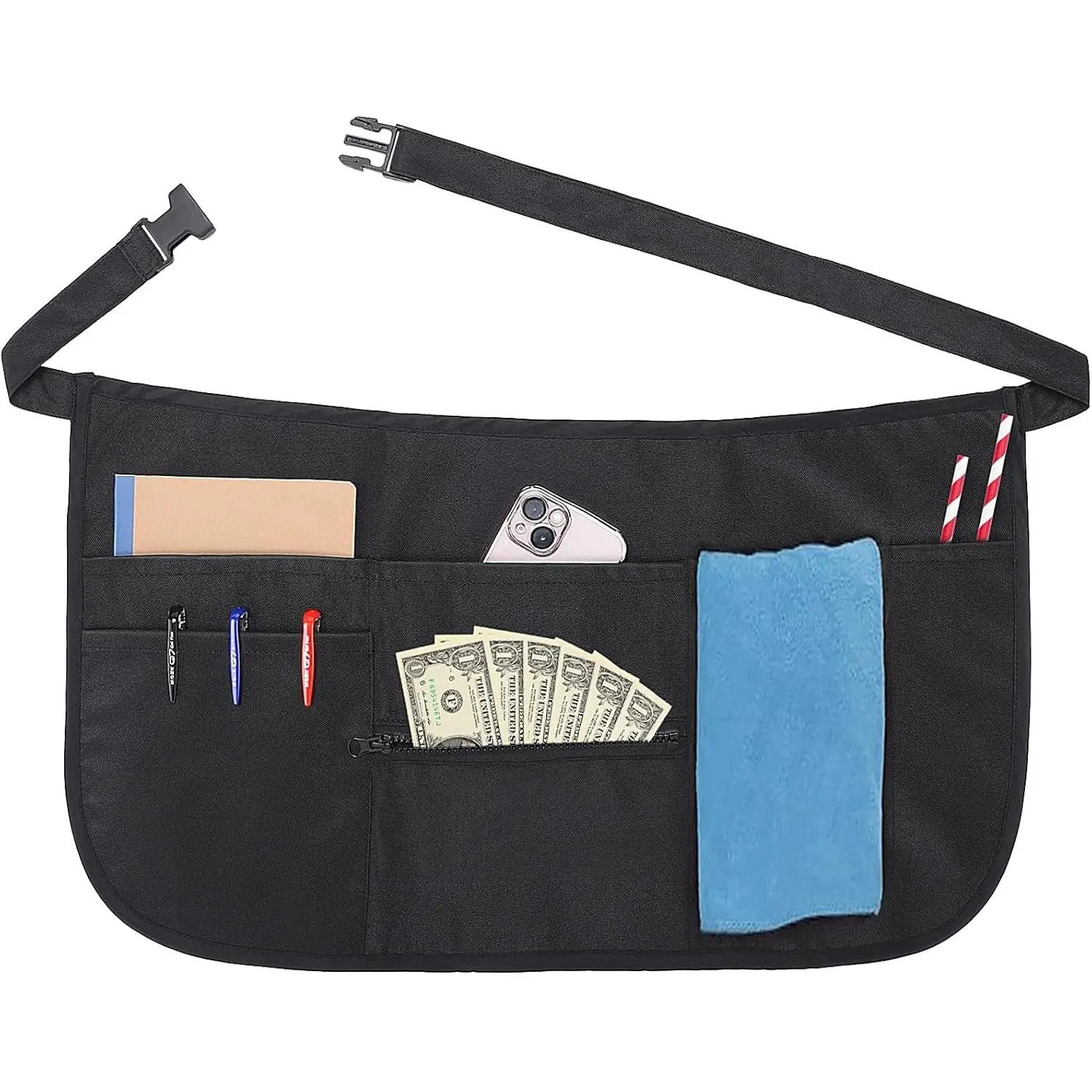 6 Pockets Server Apron with Buckle,  Waiter Half Apron Unisex 30-50in Belt Serving Aprons for Waiter