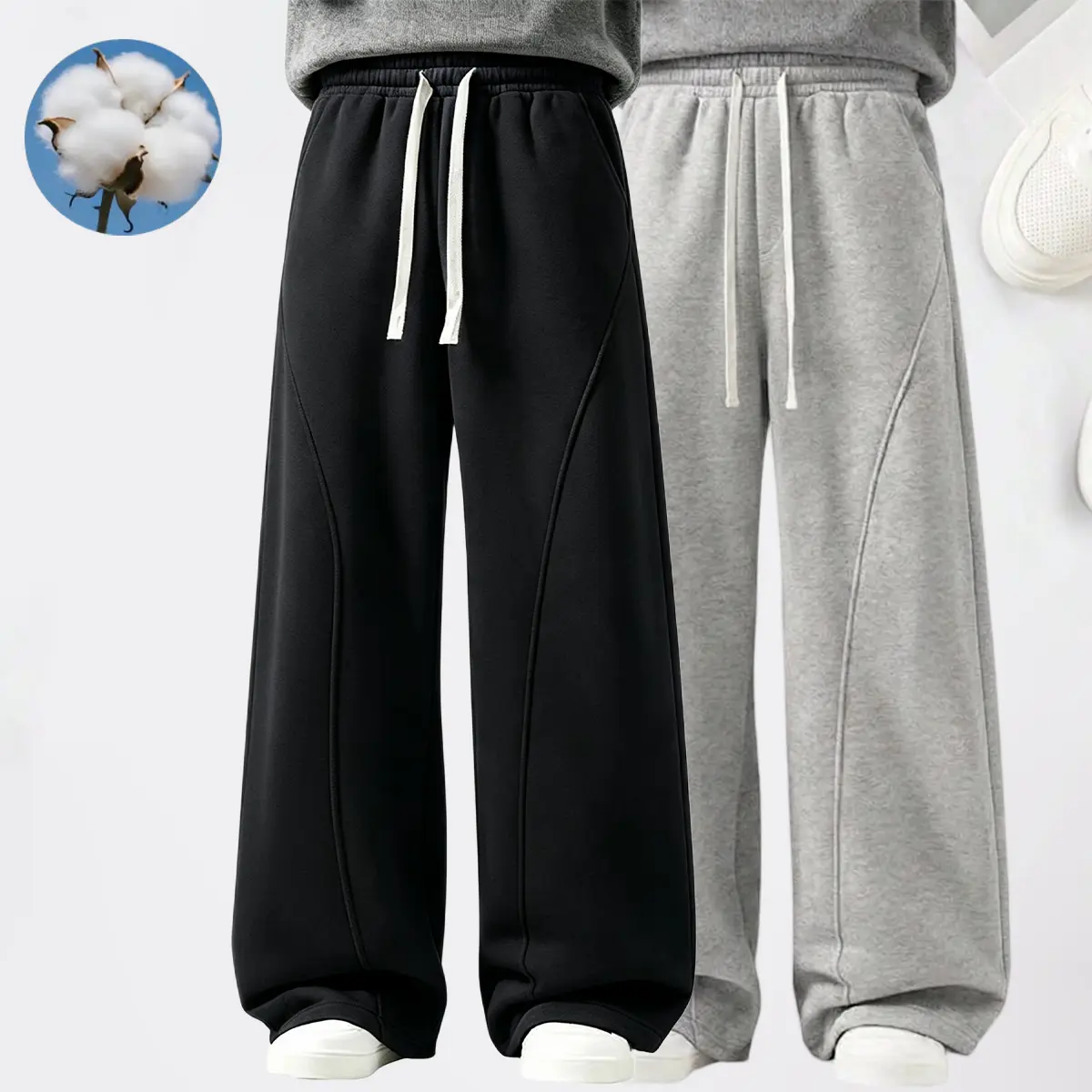 Men’s sweatpants/work pants, long length, fleece lining, cotton fabric, slightly stretchy, soft and skin-friendly, anti-pilling, elastic waistband with drawstring—perfect for outdoor activities, sporty style, and back-to-school outfits.
