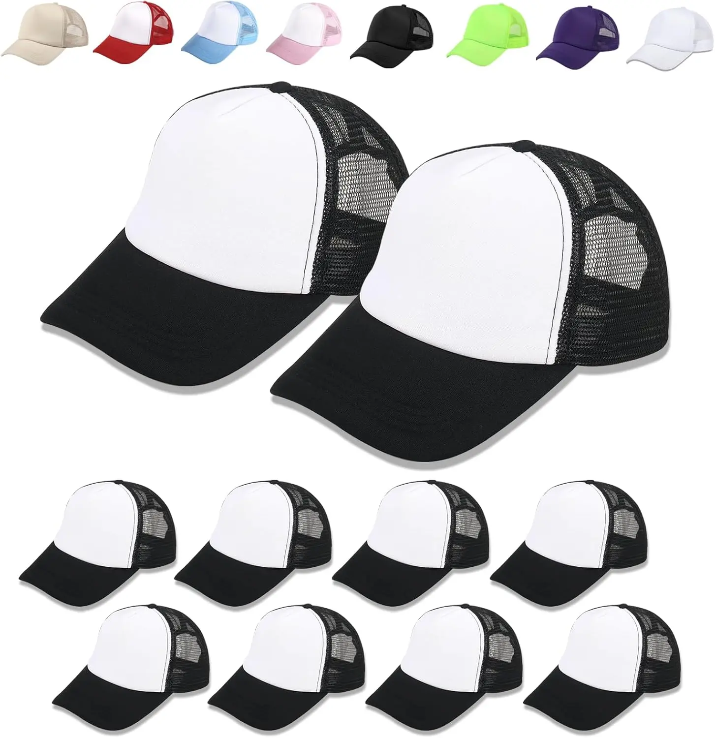 10 Pack Sublimation Blank Baseball Cap Adjustable Hat Polyester Mesh Trucker Hats for Men and Women (US, Alpha, One Size, 3X-Large, Standard, Black and White hat *10PCS)Gift..