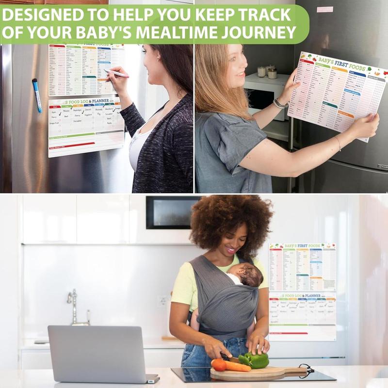 Baby Food Tracker - 101 First Foods Meal Planner & Nutrition Chart Magnets | Set of 2 Dry Erase Posters for Fridge | 101 First Foods Meal Planner Before Age 1 Checklist