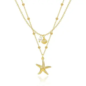 Shell Necklace for Women,14K Gold Plated Layered Starfish Conch SeaShell Pearl Pendant Charm Necklace Stack Waterproof Dainty Beach Jewelry for Summer Vacation