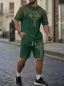 Men's 3D Digital Print Two-Piece Set, Emerald Green with Gold Celtic Cross Print Short-Sleeve Set, Trendy Stylish Casual Two-Piece, Beach Vacation Style Fashion Outfit, Lightweight and Breathable Sporty-Casual Style, Perfect Gift for Men on Festivals
